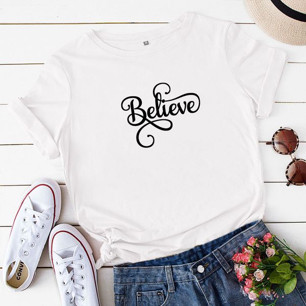 

lh20432 21ss new casual believe english printing round neck loose street trend short-sleeved t-shirt women, White