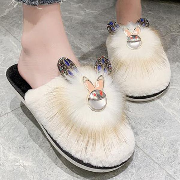 

autumn new fashion rabbit rhinestone ear headgear furry slippers flat shoes women half drag indoor furniture womens shoes xx663 x1020, Black