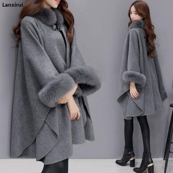 

ponchos and capes women christmas fashion flare sleeve faux fox fur collar winter wool cloak cape coat poncho long overcoat, Black