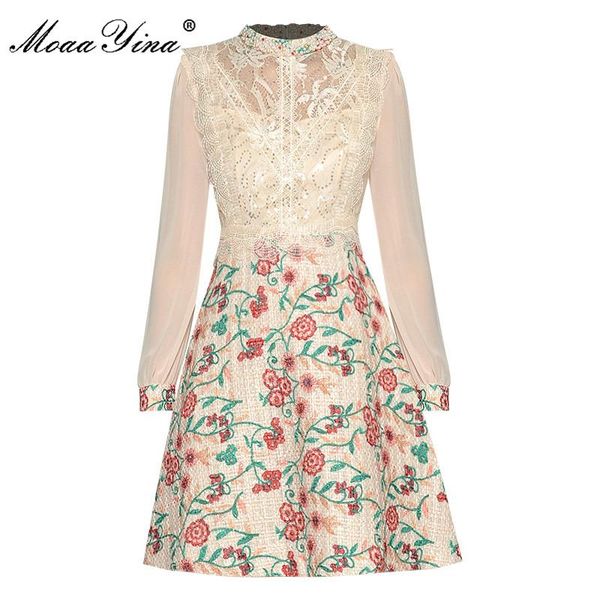 

casual dresses moaayina fashion runway dress autumn women's long sleeve beading floral print ball gown, Black;gray