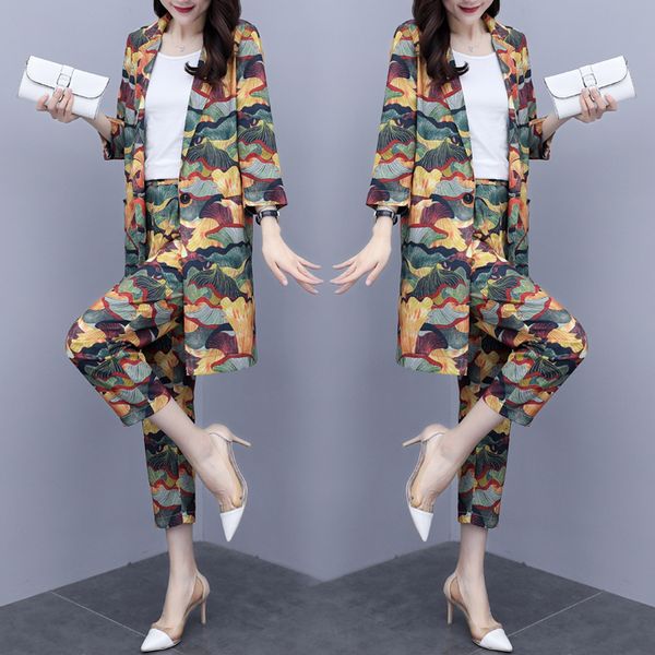 

printing floral 2-piece female office pieces jacket%woman's pair femme stiletto year old ladies'attire 3sgp, White