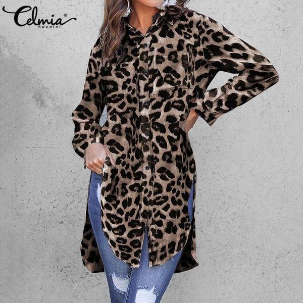 

celmia women vintage long shirts 2020 fashion leopard print long sleeve blouse elegant office tunic casual loose blusas 5xl, White