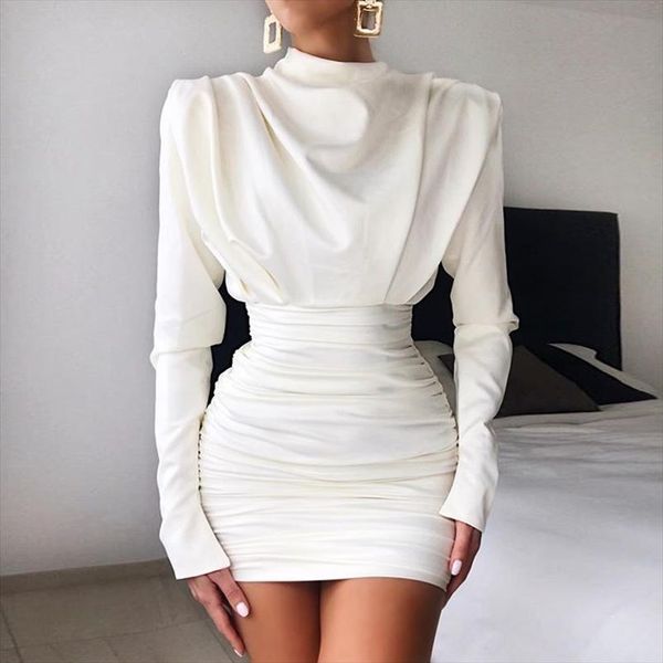 

white long sleeve slim dress casual mini dress o neck zipper color solid pleated summer, Black;gray