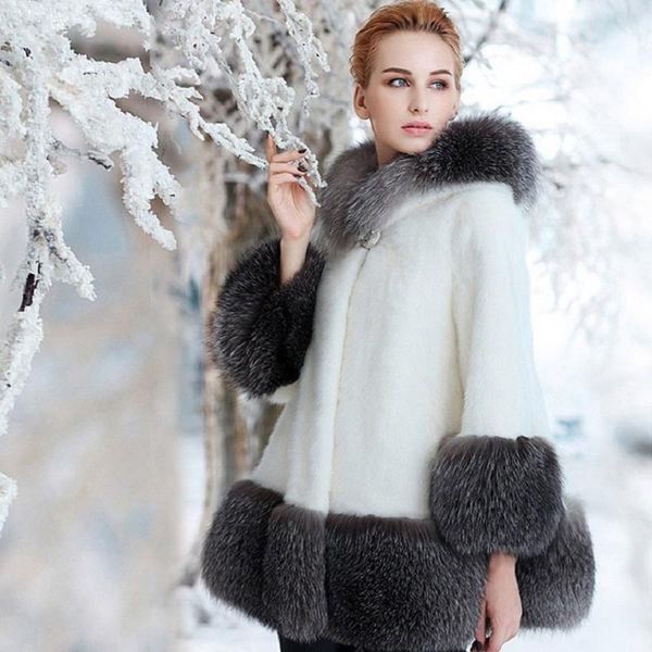 

women's fur & faux winter jacket high imitation overcoats clothing warm 5089, Black