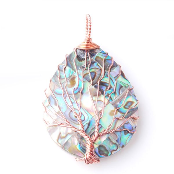

wojiaer tree of life rose gold wire wrap water drop bead necklace & pendant natural abalone shell jewelry chain 18 inch w9309, Silver