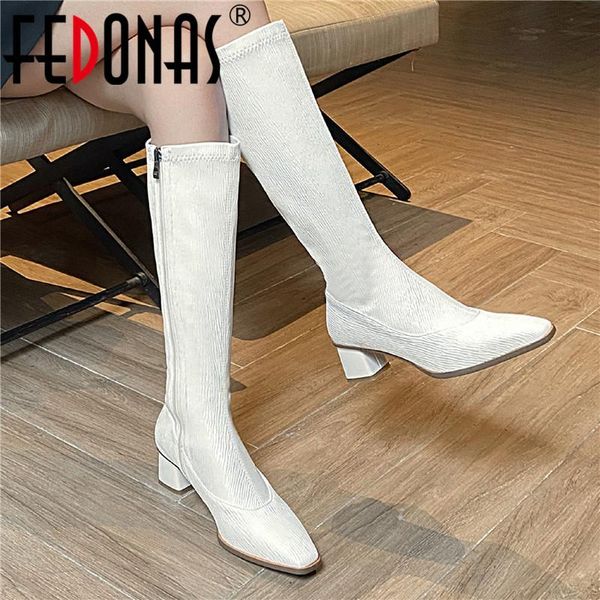

boots fedonas tight high side zipper thick heels shoes woman 2021 fall winter wedding party, Black