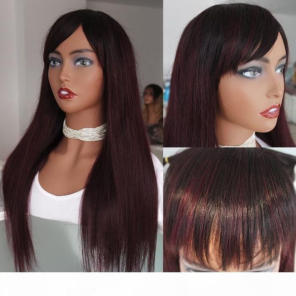 

1b 99j ombre human hair wigs with bangs for black women full machine made burgundy colored brazilian remy straight glueless wig non lace, Black;brown