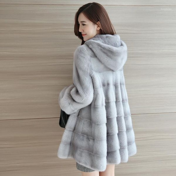 

jacket female 2020 winter new style haining mid-length hooded mink mink coat women's jacket1, Black