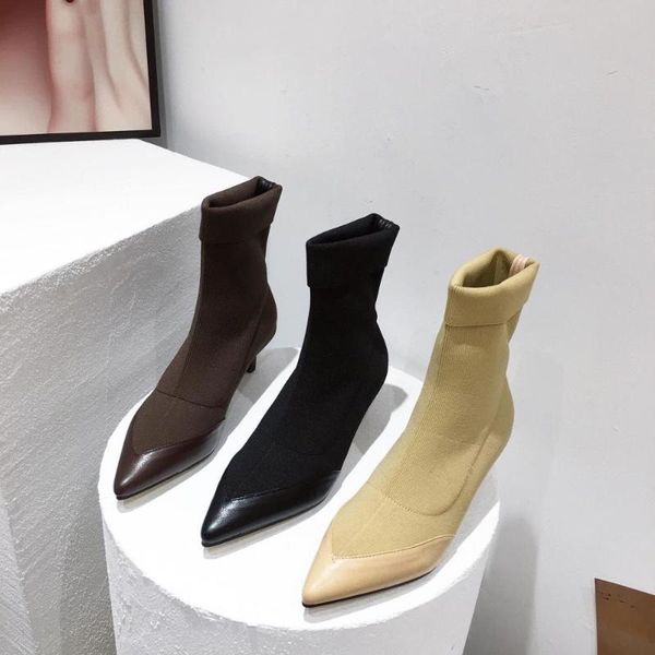 

boots shoes mid-calf booties women low heels booties winter footwear boots-women round toe stockings short high heel, Black