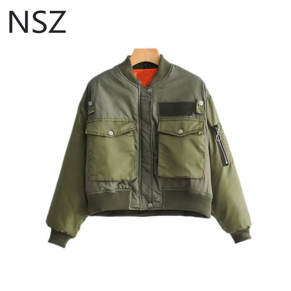 

nsz women military green moto biker bomber jacket cropped long sleeve female oversized coat outerwear winter chaquetas mujer s20210106, Black;brown