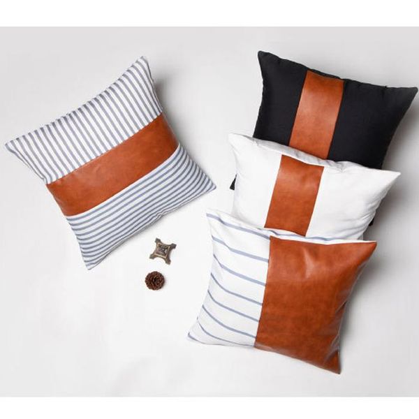 

fashion stripe pu pillow cover 18x18inch soft leather canvas patchwork pillowcase sofa cushion cover home decorative pillow cover vt0890