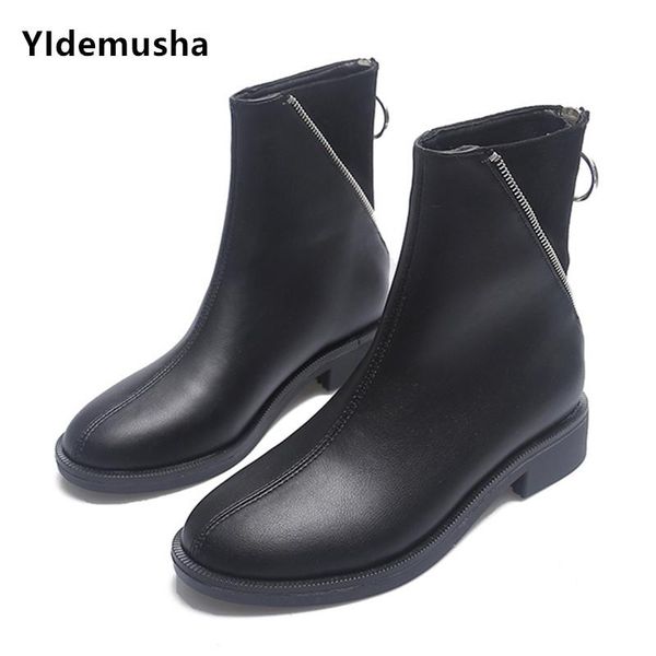 

winter woman vintage low heels women retro pu leather ankle boots 2020 women's zip ladies shoes female short boots plus size 43, Black