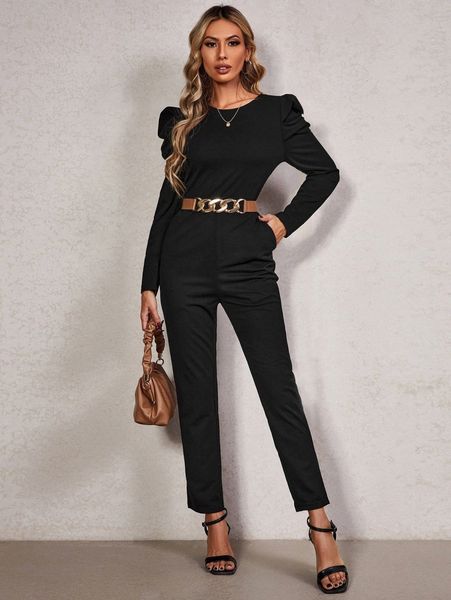 

solid zip back puff sleeve jumpsuit without belt t8r8#, White