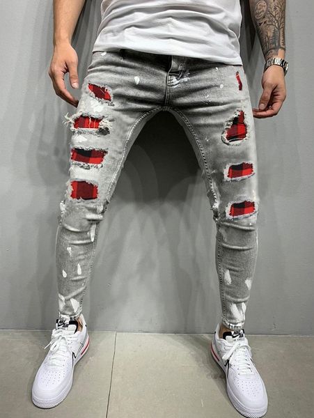 

men contrast gingham ripped jeans 714v#, Blue