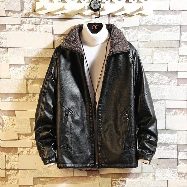 

fashion 2019 black motorcycle fur pu leather jacket men's coat vintage classic casual1