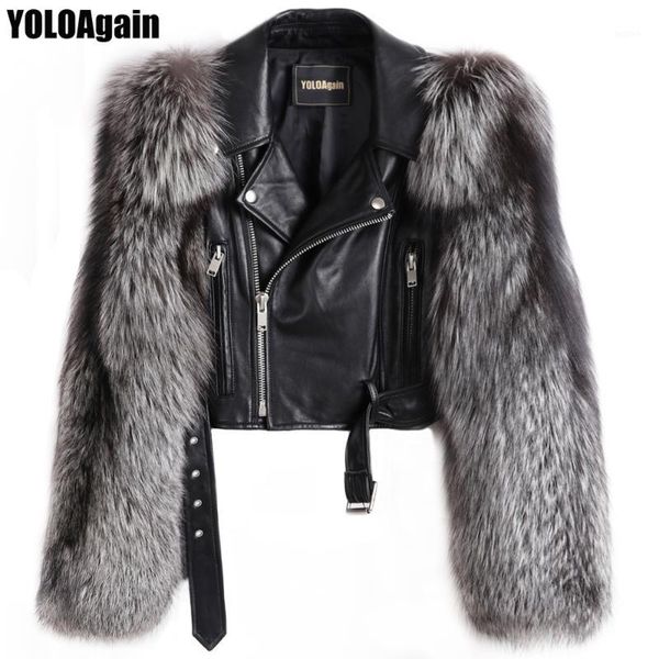 

yoloagain women genunie leather jacket ladies silver fox fur sleeve real sheepskin leather jacket1, Black