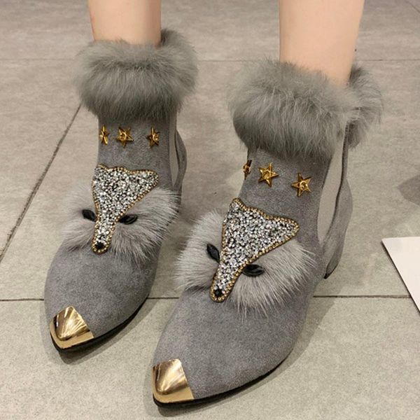 

crystal fur boots women metal pointed toe flock sock boots trendy botas mujer warm plush winter snow women shoes 2020, Black