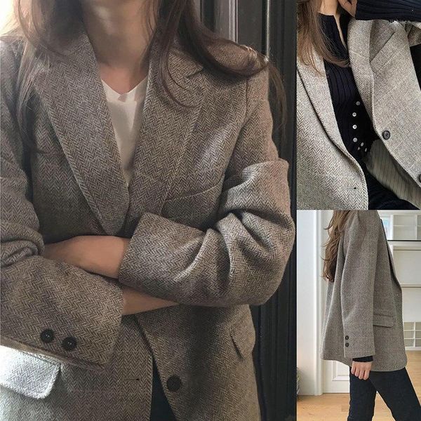 

korean vintage plaid wool jacket women 2020 autumn winter gray woolen coat female chic blazers outerwear abrigos para mujer1, Black