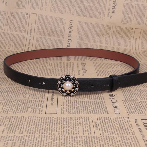 

luxury pearl flower buckle thin belt classic female enamel alloy circle buckles belts straps waistband for apparel accessories sqcwdj, Black;brown