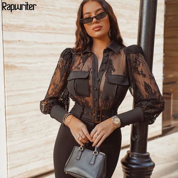 

rapwriter transparent lace patchwork turn down neck black shirt blouse women stylish long sleeve mesh button femme lj200831, White