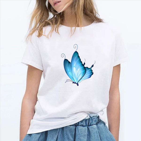 

2021 fashion butterfly theme print short sleeve tshirt women literary casual t shirt girl summer basic t shirts tees, White