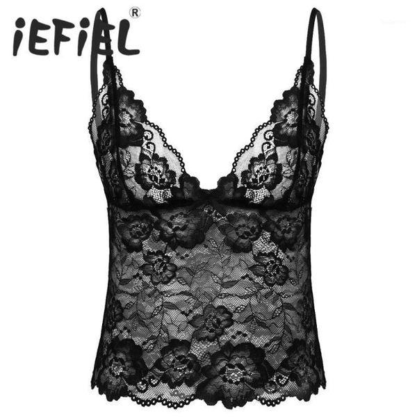 

gay mens sissy crop see through lace lingerie adjustable spaghetti straps deep v neck nightwear camisole vest crop, Black;brown