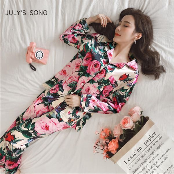 

july's song women faux silk sleepwear satin pajamas set flower print long sleeves 2 piece autumn winter pajamay homewear 201109, Black;red