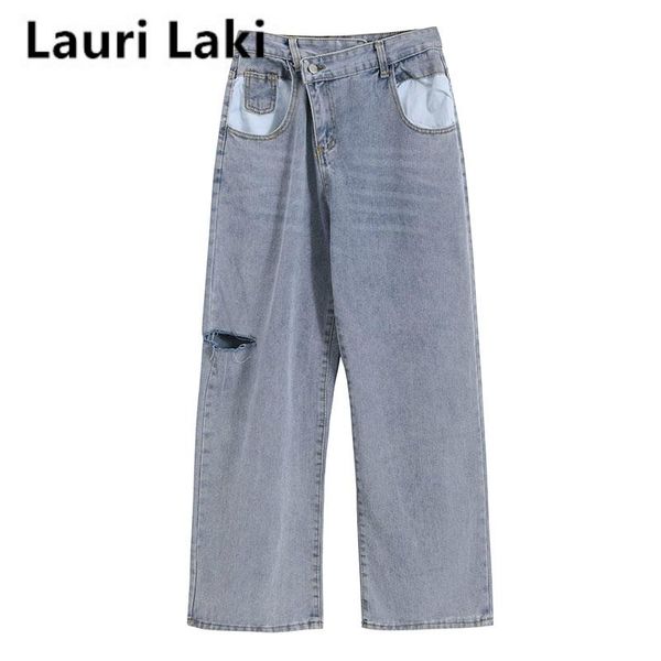 

lauri laki boyfriend mom high waist jeans women plus size irregular ripped jeans for women street plus size denim pants 2020, Blue