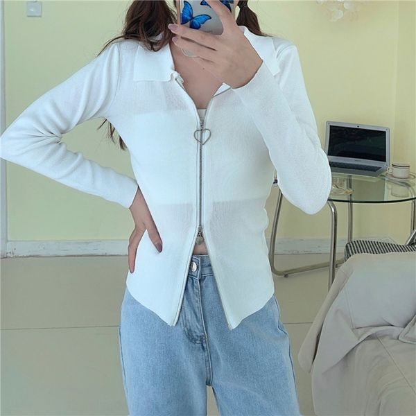 

ruada 20 years autumn new polo knitted korean double zipper jacket collar long sleeve zipper short jacket cardigan zfcul, White;black