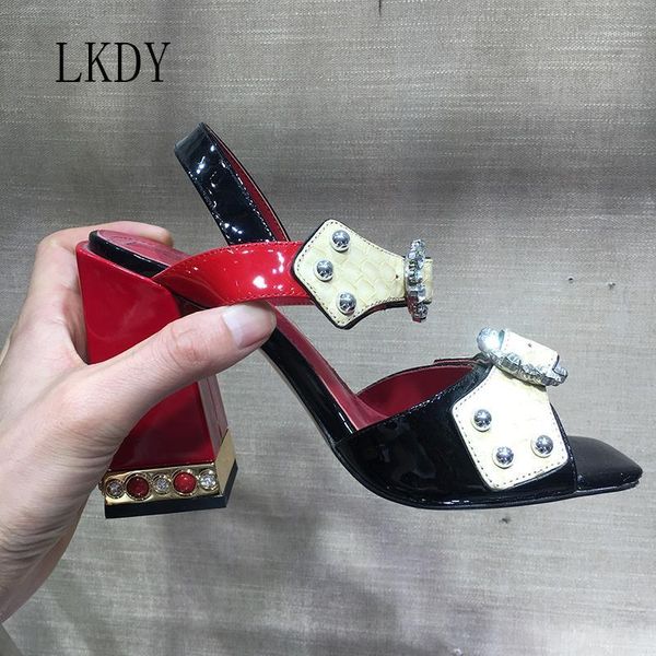 

dress shoes 2021 lkdy summer black cow patent leather stitching snakeskin diamond fish mouth high heels party with buckle sandals 9.0c'