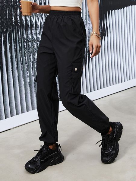 

button detail western flap pocket utility pants t7xt#, Black;white