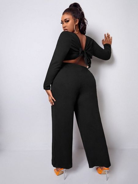 

sxy plus cut out tie back wide leg jumpsuit m0qj#, Black