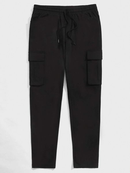 

men drawstring waist flap pocket cargo pants p103#, Black