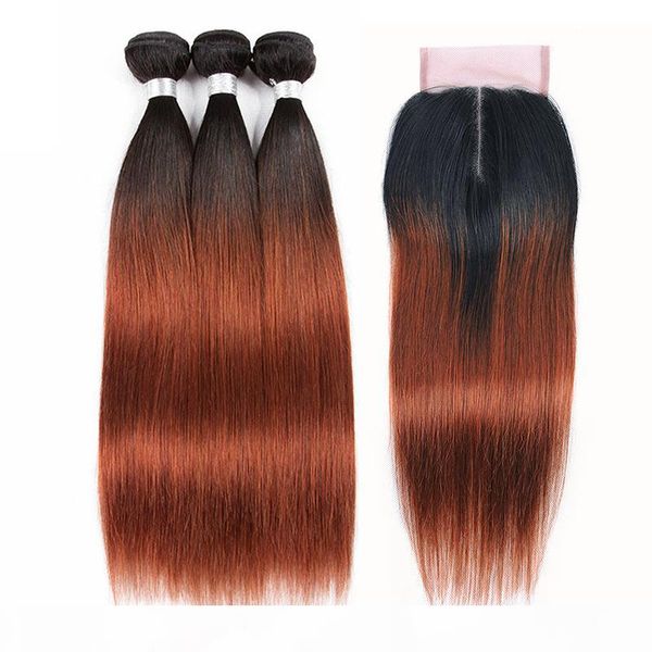 

1b 33 brazilian ombre human hair bundles with closure silky straight pre-colored hair extensions bundles with 4x4 lace closure, Black;brown