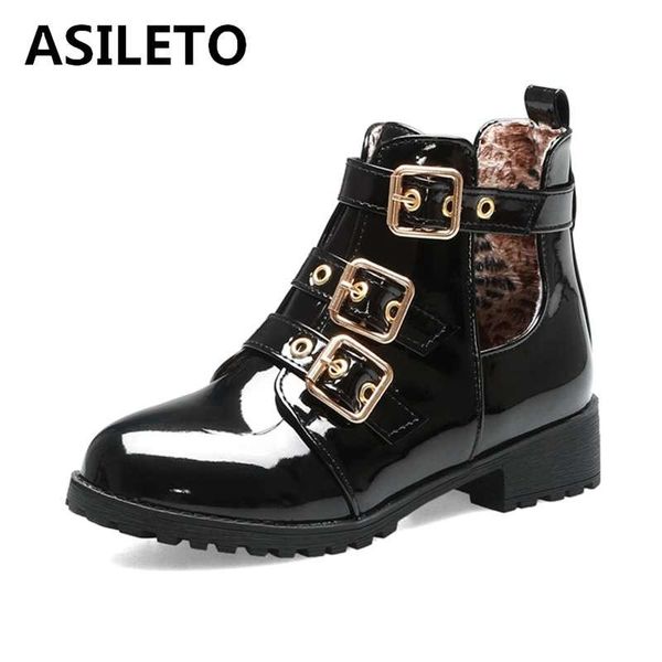 

boots asileto spring autumn women buckle round toe patent leather booties hollow ankle boot velvet bottes botas femininas, Black