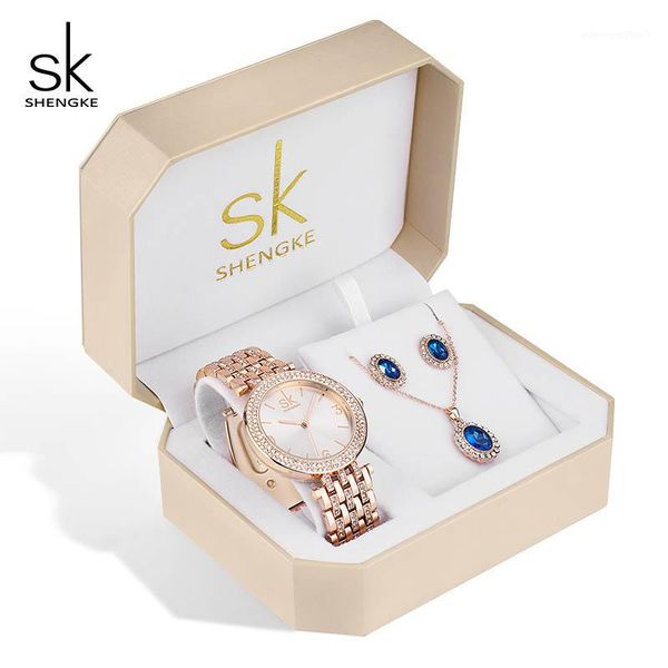 

wristwatches shengke creative crystal jewelry set ladies quartz watch 2021 women watches earrings necklace women's day gift1, Slivery;brown