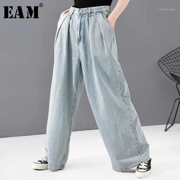 

women's jeans [eam] wide leg pleayed blue leisure long high waist loose women trousers fashion tide spring autumn 2021 1s208051