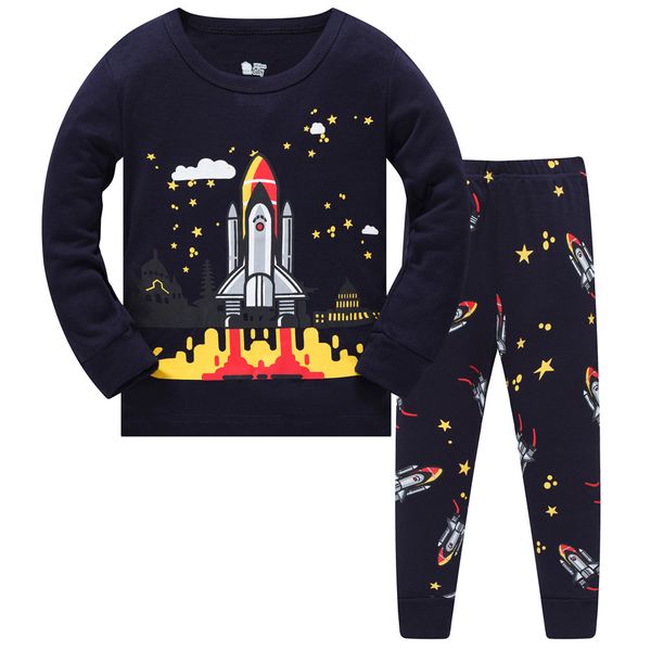 

long sleeve pajamas sets for children cotton printed with trucks or animal kids sleepwear toddler kids clothes suit 3t-8t c1019, Blue;red