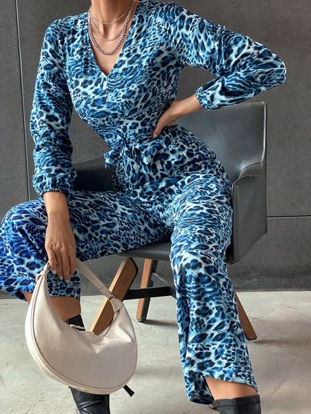 

leopard print wide leg jumpsuit 44sb#, White