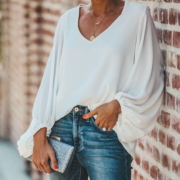 

women's blouses & shirts forudesigns selling women chiffon blouse printing v-neck lady and femme beach casual clothes, White