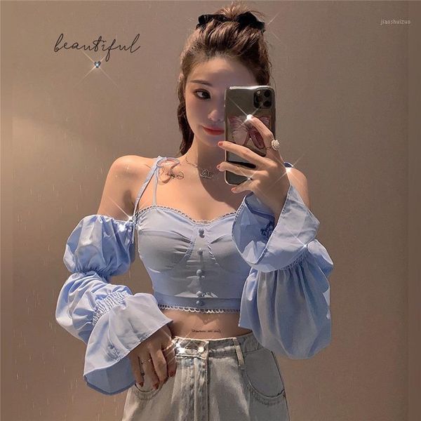 

off shoulder style women's clothing flare sleeve crop slash neck spaghetti strap shirts club autumn slim ladies new1, White