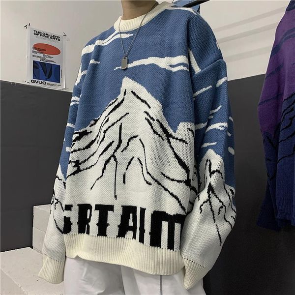 

men's sweaters japanese fashion vintage pullover men winter warm acrylic sweater snow mountain jacquard harajuku knitted streetwear, White;black