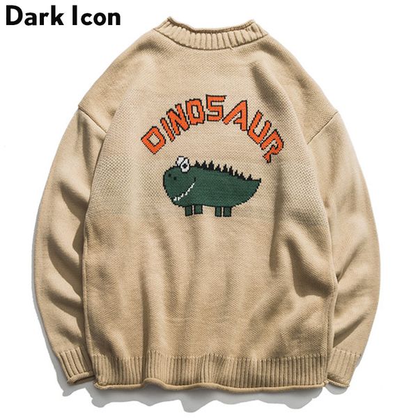 

dinosaur lovely sweater men winter pullover men's sweaters oversized boy student sweater black khaki 201007, White;black