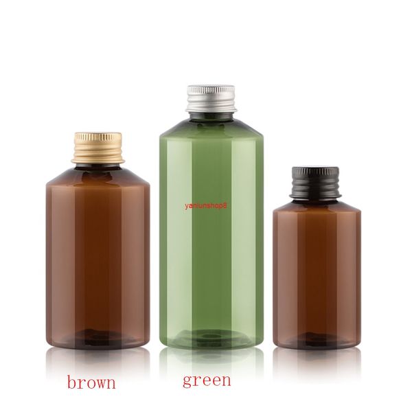 Bottiglia di plastica verde marrone da 50 ml da 100 ml con tappo a vite in alluminio Kit da viaggio contenitore cosmetico pacchetto crema per lozione PET portatile