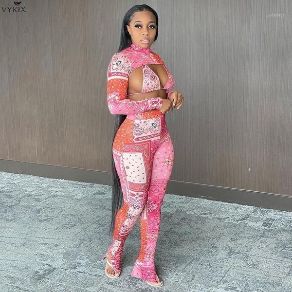 

women's tracksuits 2021 vintage printed 3 piece sets turtleneck short bra high waist leggings elastic streetwear women club outfits1, Gray