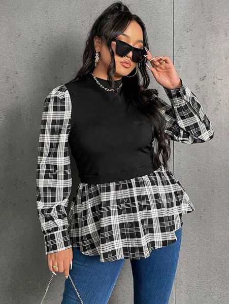 

plus plaid ruffle hem mock neck 2 in 1 50rj#, Black