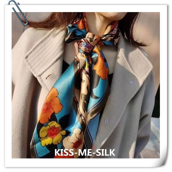 

scarves kms princess bright and colorful silk scarf mulberry-silk crepe satin large square 110*110cm/60g, Blue;gray