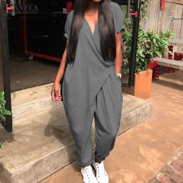 

2020 fashion summer rompers women jumpsuits casual loose v neck short sleeve overalls harem pants solid long playsuits 7, Black;white