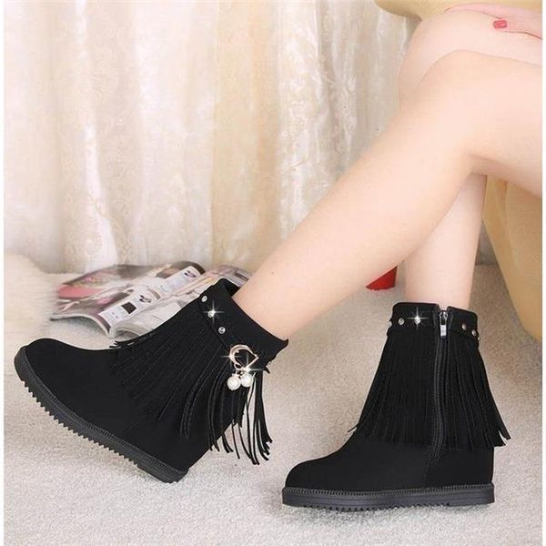 

2020 new women winter casual platform block high heels ankle boots female suede fleece zipper buckle warm snow boots shoes1, Black