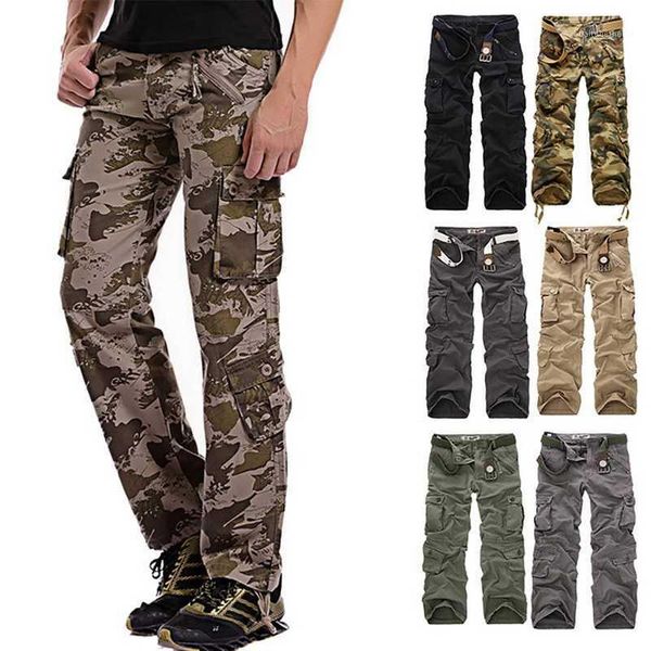 

men's pants men's spring summer loose multi-pocket camo fitness casual cotton cargo water overalls male trousers1, Black